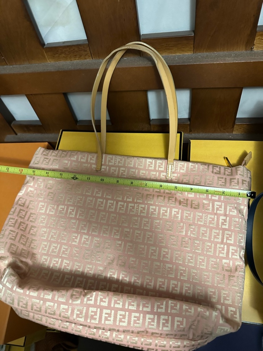 Fendi Pink Jacquard FF Logo Tote with Tan Leather Handles - Picture 10 of 11